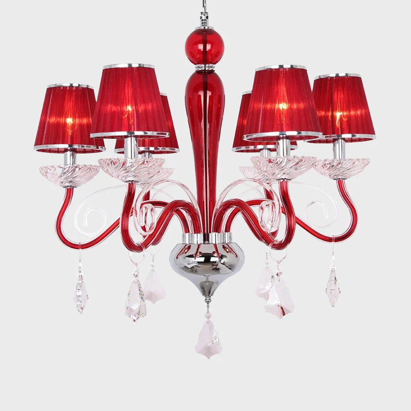 6-kops kroonluchterlamp met conische stoffen kap Kristal minimalistische eetkamer hanglamp Clearhalo