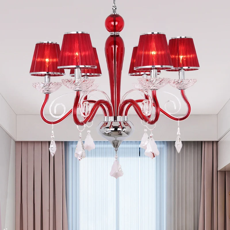 6-kops kroonluchterlamp met conische stoffen kap Kristal minimalistische eetkamer hanglamp Clearhalo