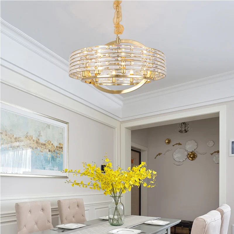 6-kops ronde plafondkroonluchter, eigentijdse kristallen hanglamp messing Clearhalo