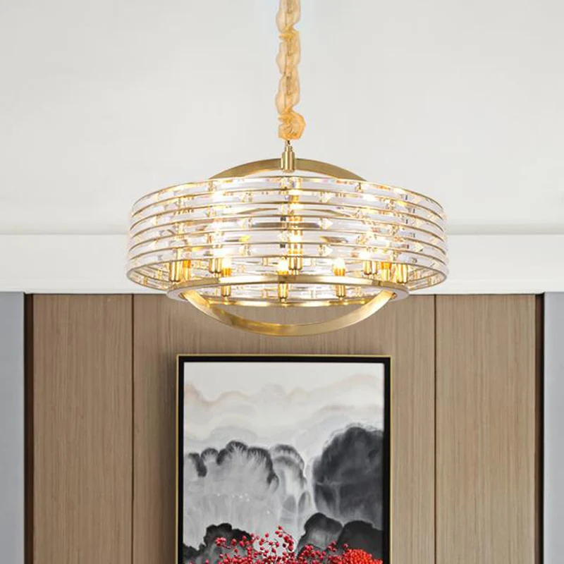 6-kops ronde plafondkroonluchter, eigentijdse kristallen hanglamp messing Clearhalo