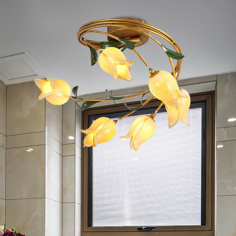 6-lampen Tulpenplafondlamp Pastoraal Metaal LED Semi-inbouwverlichting messing voor woonkamer Clearhalo