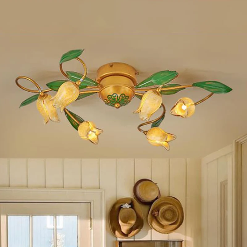 6-lampen Tulpenplafondlamp Pastoraal Metaal LED Semi-inbouwverlichting messing voor woonkamer Clearhalo