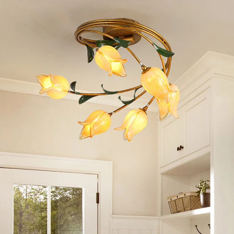 6-lampen Tulpenplafondlamp Pastoraal Metaal LED Semi-inbouwverlichting messing voor woonkamer Clearhalo