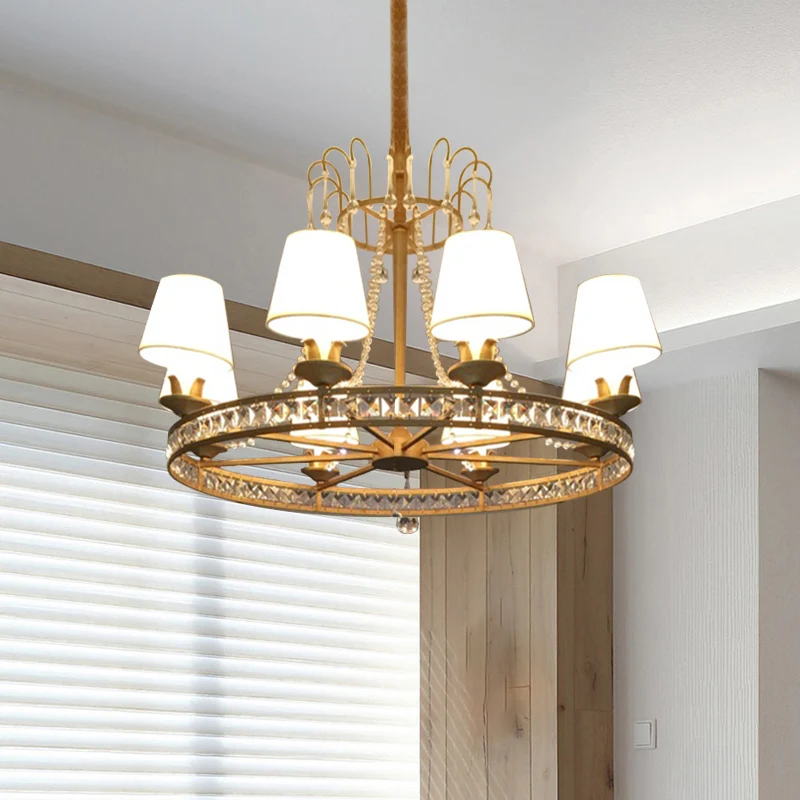 6-lamps woonkamer kroonluchter verlichting modernistische antieke koperen hanglamp met kegelvormige stoffen kap Clearhalo