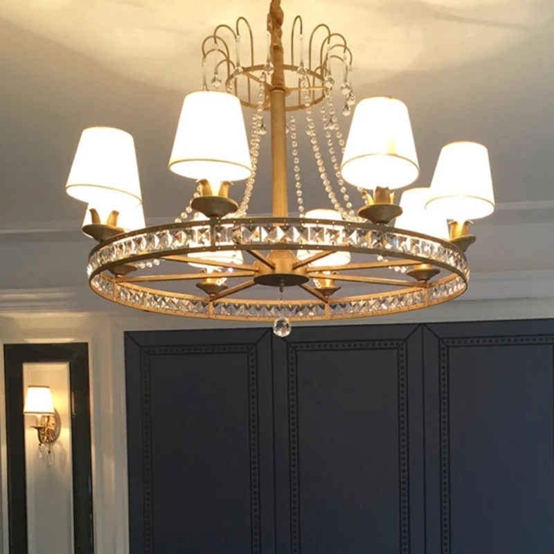6-lamps woonkamer kroonluchter verlichting modernistische antieke koperen hanglamp met kegelvormige stoffen kap Clearhalo