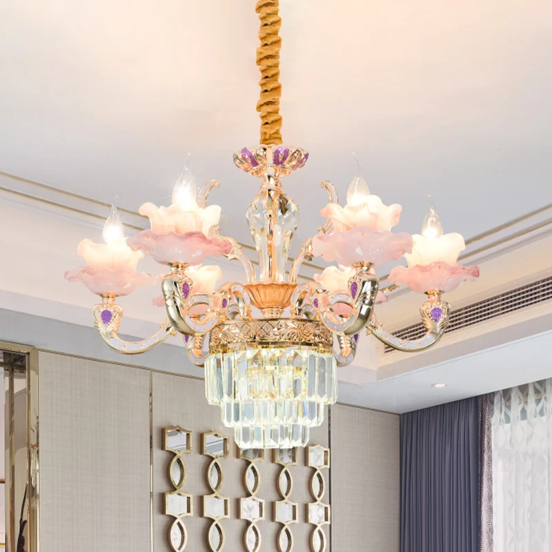 6-lichts 2-laags ruches kroonluchter hedendaagse roze glazen hanglamp met gelaagde kristallen bodem Clearhalo