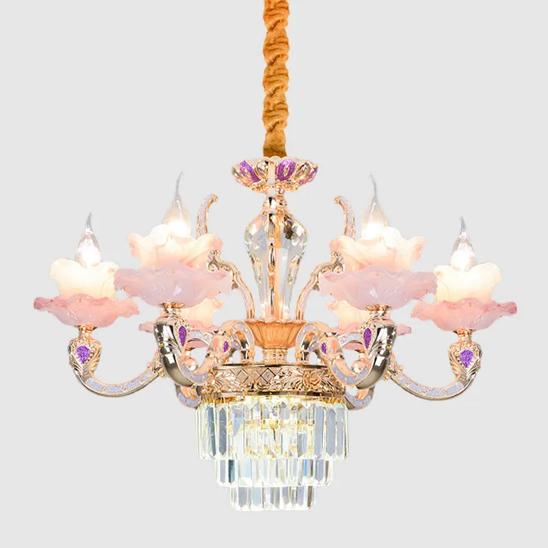 6-lichts 2-laags ruches kroonluchter hedendaagse roze glazen hanglamp met gelaagde kristallen bodem Clearhalo