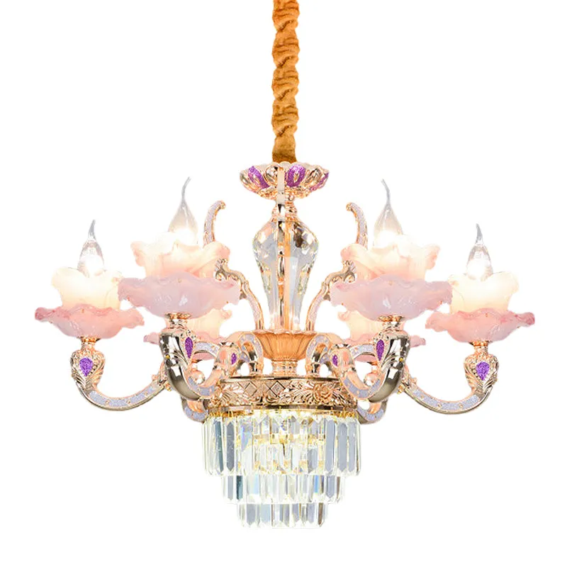 6-lichts 2-laags ruches kroonluchter hedendaagse roze glazen hanglamp met gelaagde kristallen bodem Clearhalo