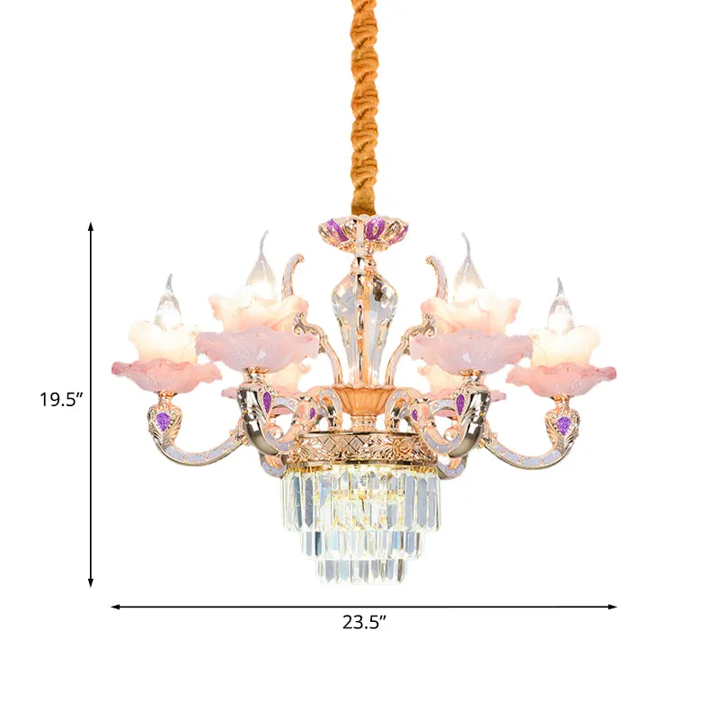 6-lichts 2-laags ruches kroonluchter hedendaagse roze glazen hanglamp met gelaagde kristallen bodem Clearhalo