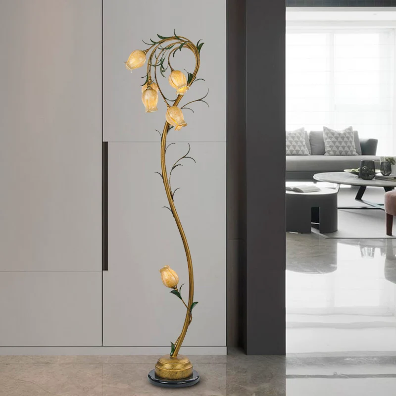 6-lichts beige glazen boomvloerlamp landelijk bloemenslaapkamer staand licht messing voor slaapkamer Clearhalo