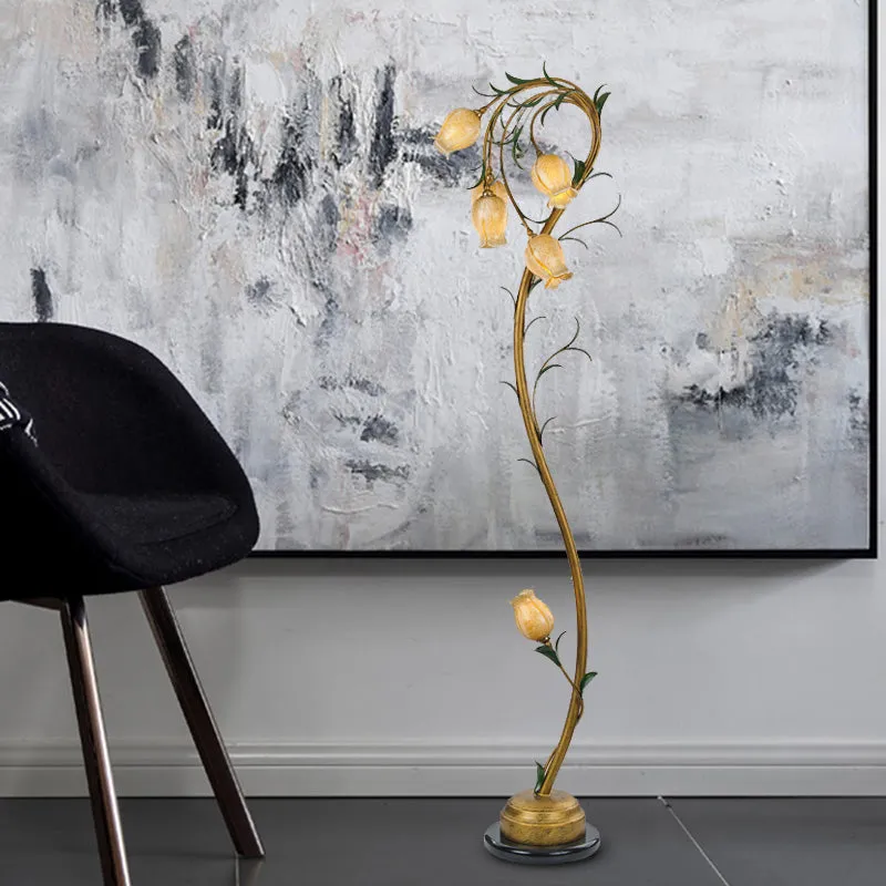 6-lichts beige glazen boomvloerlamp landelijk bloemenslaapkamer staand licht messing voor slaapkamer Clearhalo