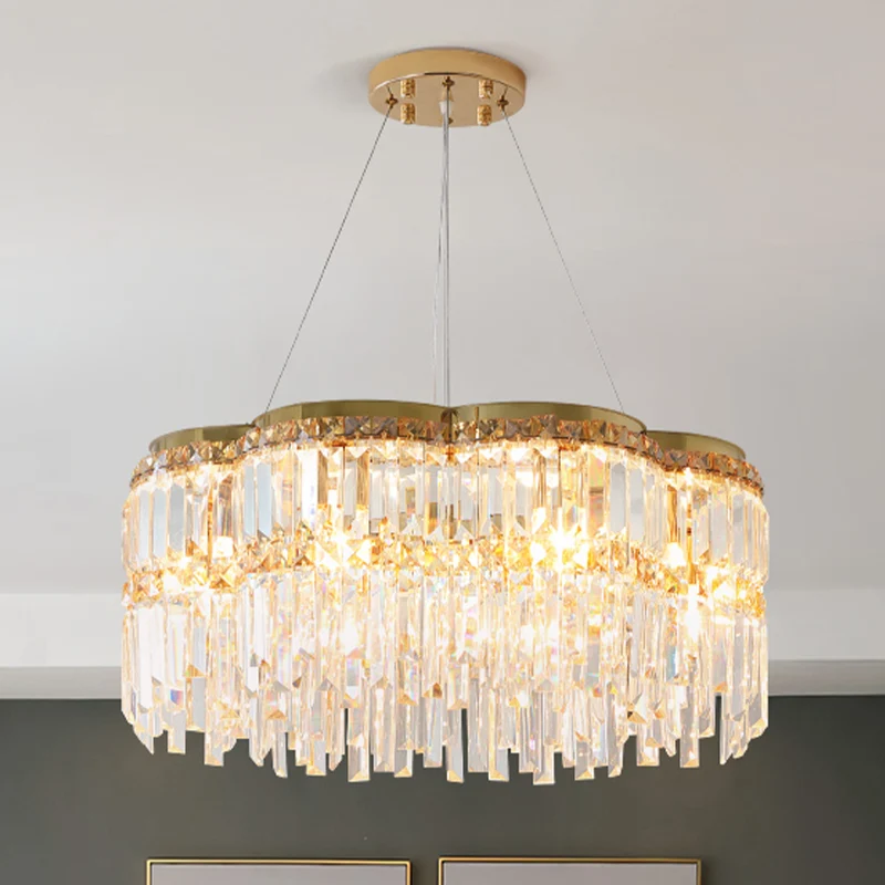 6-lichts bloementrommelkroonluchter postmoderne gouden driezijdige kristallen staaf hangende plafondlamp Clearhalo