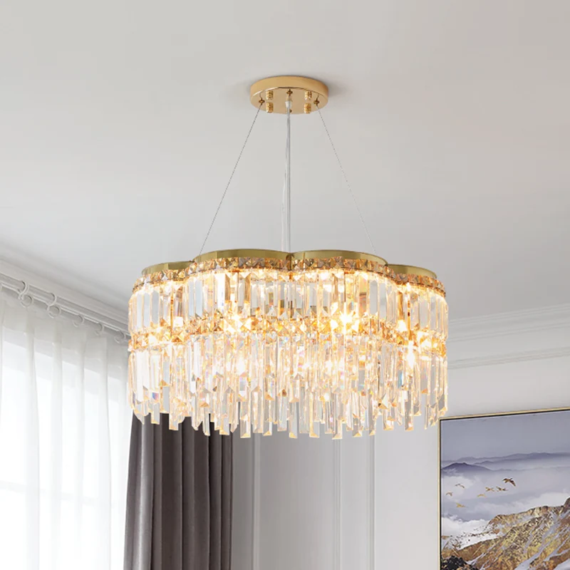 6-lichts bloementrommelkroonluchter postmoderne gouden driezijdige kristallen staaf hangende plafondlamp Clearhalo