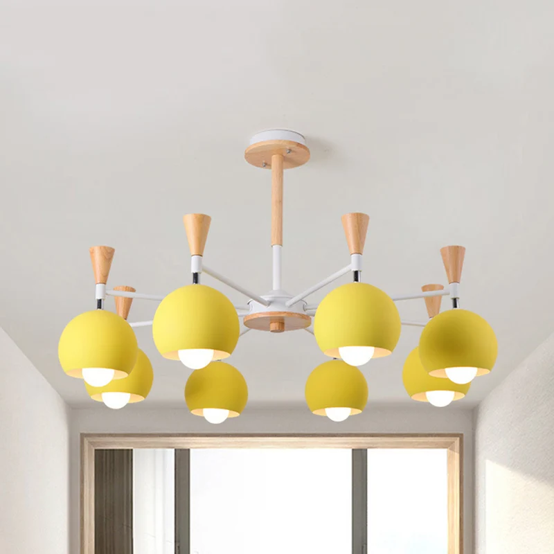 6-lichts bolvormige plafondhanger Macaron metalen kroonluchter geel voor woonkamer Clearhalo