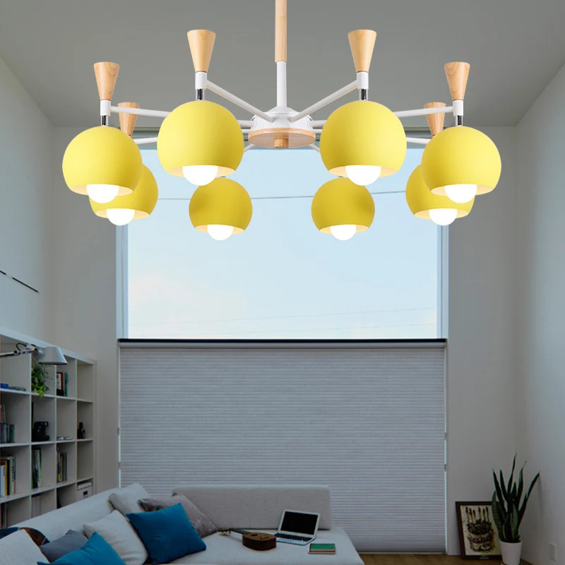 6-lichts bolvormige plafondhanger Macaron metalen kroonluchter geel voor woonkamer Clearhalo