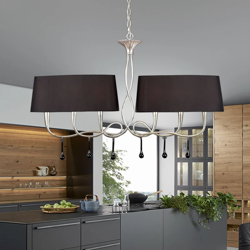 6-lichts eilandlamp Klassieke trommelstof Hangende plafondlamp zwart/wit voor eetkamer Clearhalo