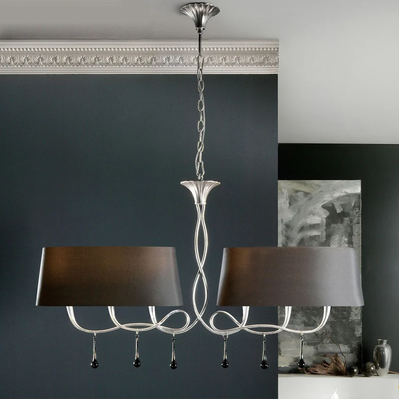 6-lichts eilandlamp Klassieke trommelstof Hangende plafondlamp zwart/wit voor eetkamer Clearhalo