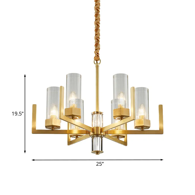 6-lichts helder glazen kroonluchterlamp kolonialisme gouden zuil woonkamer plafond hanglamp Clearhalo