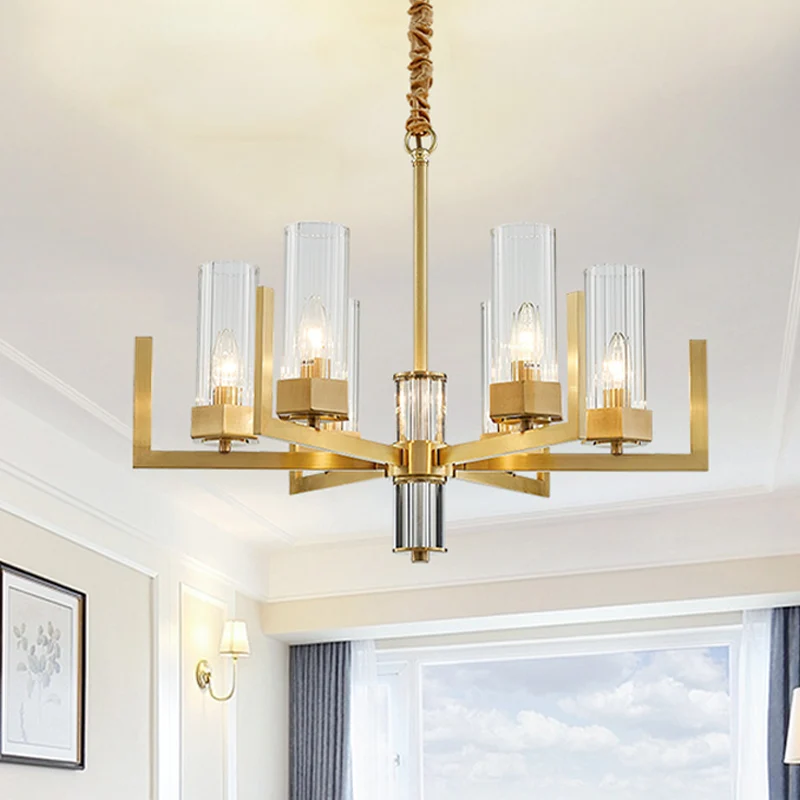 6-lichts helder glazen kroonluchterlamp kolonialisme gouden zuil woonkamer plafond hanglamp Clearhalo