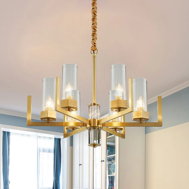 6-lichts helder glazen kroonluchterlamp kolonialisme gouden zuil woonkamer plafond hanglamp Clearhalo