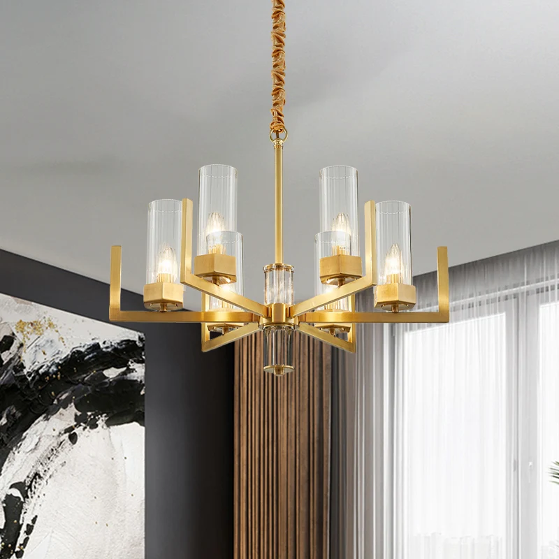 6-lichts helder glazen kroonluchterlamp kolonialisme gouden zuil woonkamer plafond hanglamp Clearhalo