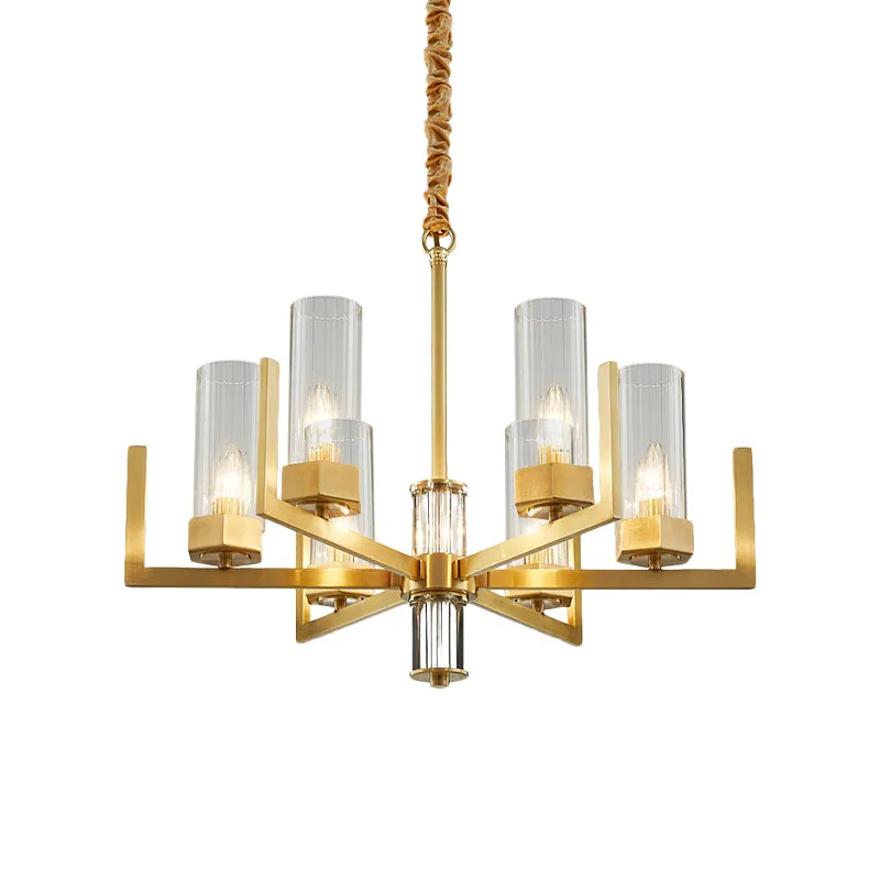 6-lichts helder glazen kroonluchterlamp kolonialisme gouden zuil woonkamer plafond hanglamp Clearhalo