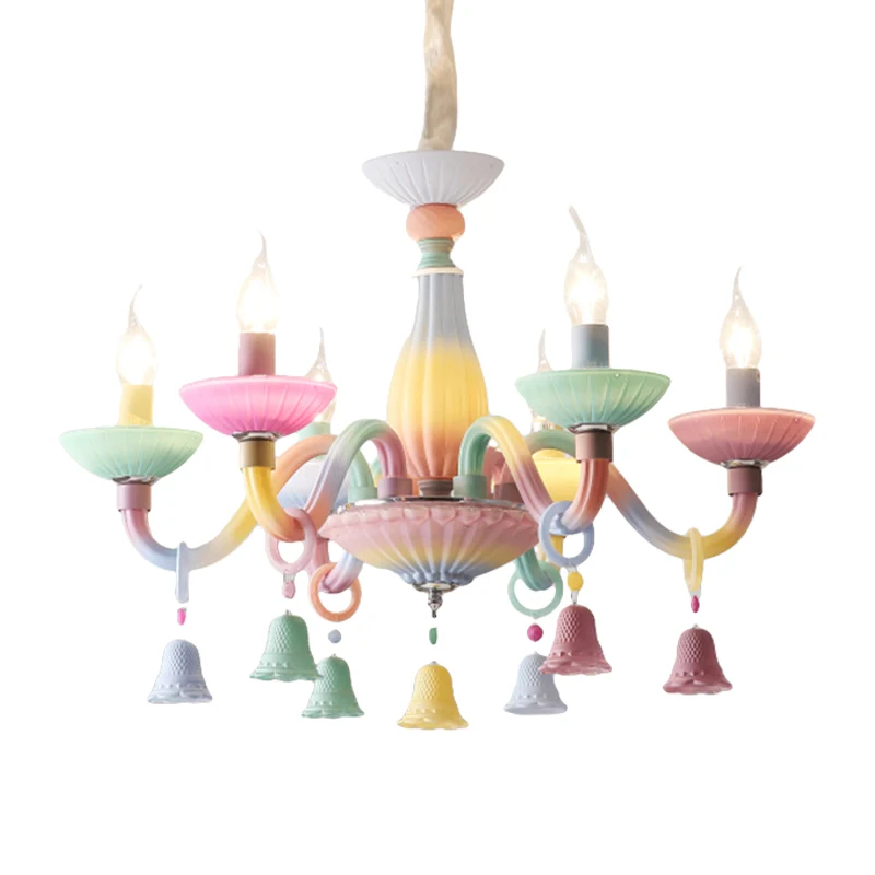 6-lichts kaars hanglamp met bel deco moderne glazen kleurrijke kroonluchter voor meisjesslaapkamer Clearhalo