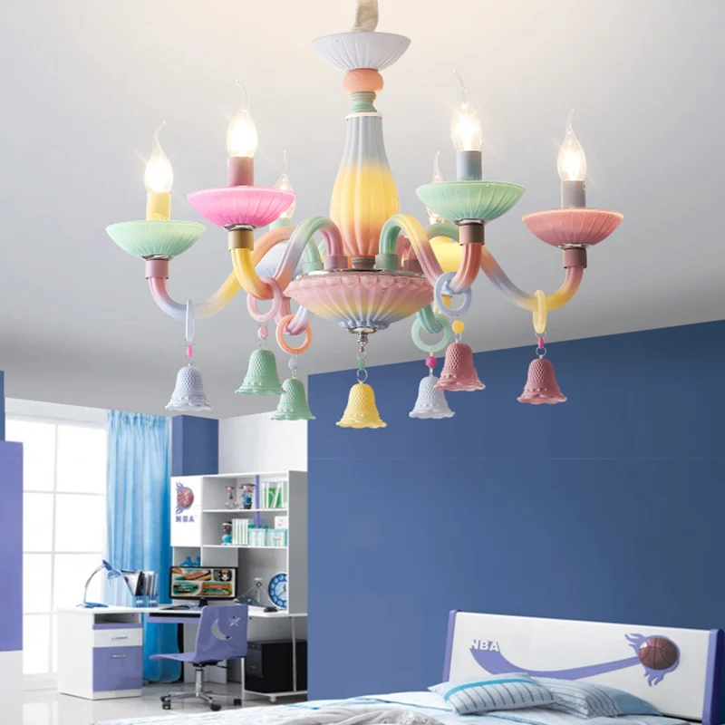 6-lichts kaars hanglamp met bel deco moderne glazen kleurrijke kroonluchter voor meisjesslaapkamer Clearhalo