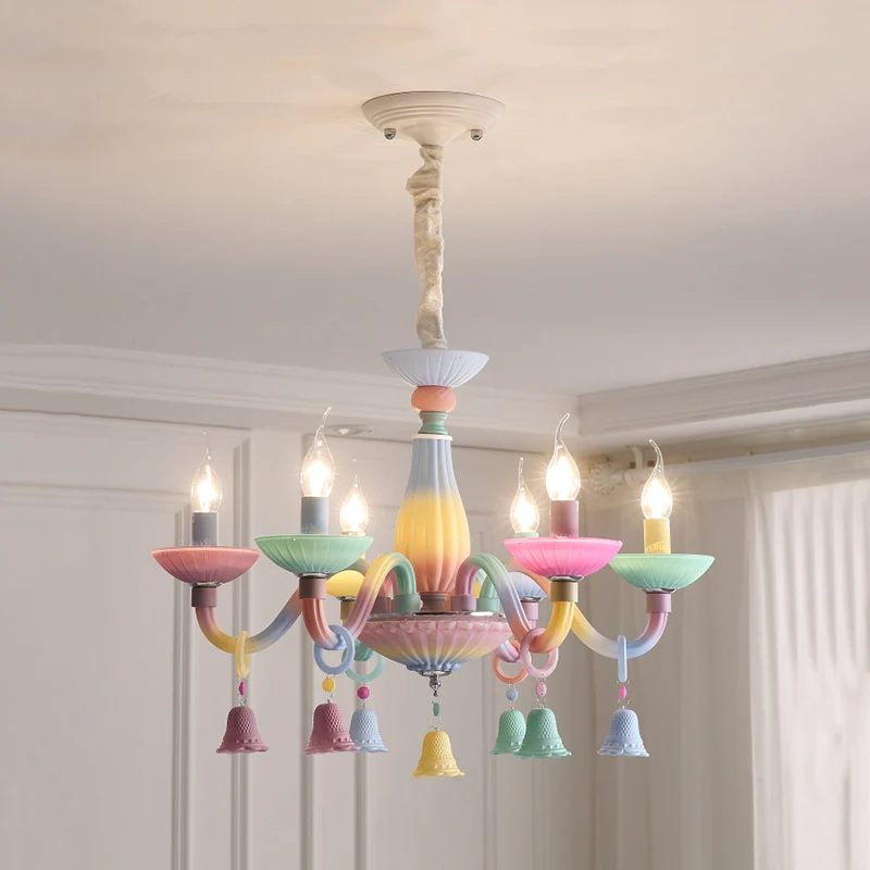 6-lichts kaars hanglamp met bel deco moderne glazen kleurrijke kroonluchter voor meisjesslaapkamer Clearhalo