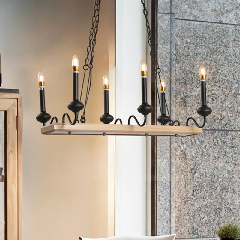 6-lichts kaarsstijl eilandlicht vintage zwarte metalen hanglamp voor eetkamer Clearhalo