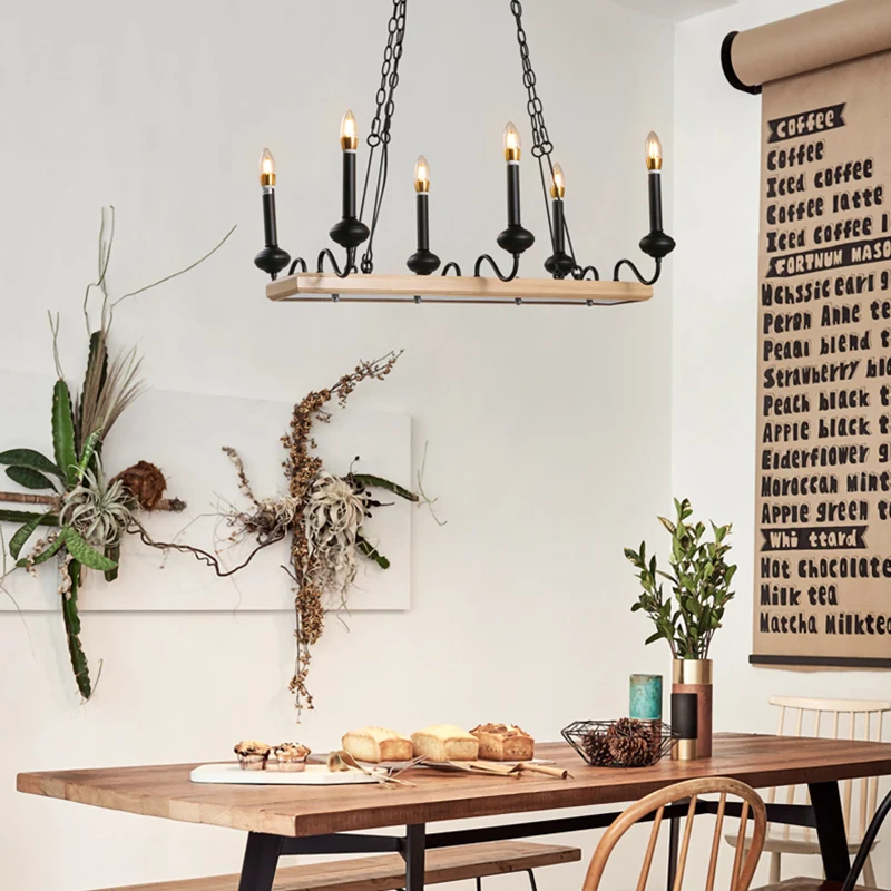 6-lichts kaarsstijl eilandlicht vintage zwarte metalen hanglamp voor eetkamer Clearhalo