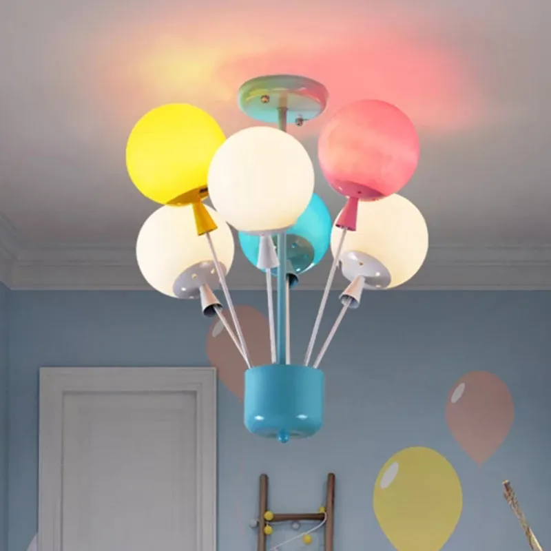 6-lichts kinderkamer semi-inbouw blauwe plafondlamp voor kinderen met ballonroze-geel-groene glazen kap Clearhalo