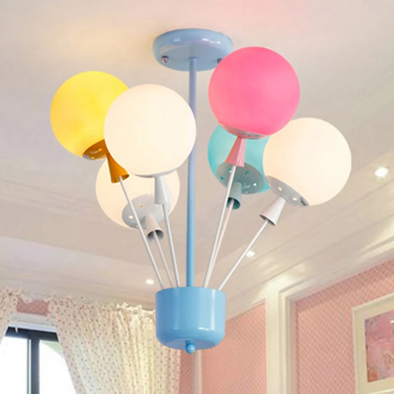 6-lichts kinderkamer semi-inbouw blauwe plafondlamp voor kinderen met ballonroze-geel-groene glazen kap Clearhalo