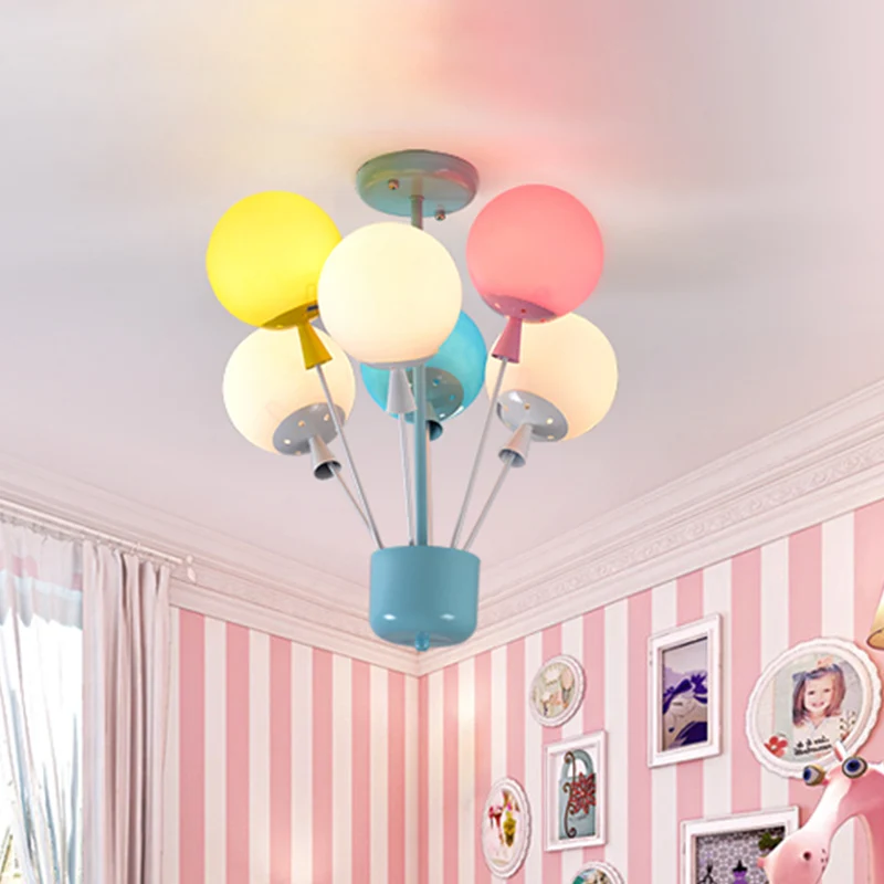 6-lichts kinderkamer semi-inbouw blauwe plafondlamp voor kinderen met ballonroze-geel-groene glazen kap Clearhalo