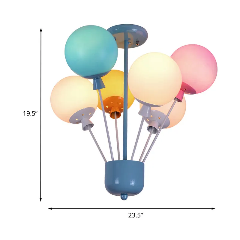 6-lichts kinderkamer semi-inbouw blauwe plafondlamp voor kinderen met ballonroze-geel-groene glazen kap Clearhalo