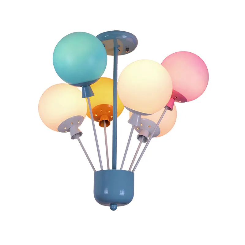 6-lichts kinderkamer semi-inbouw blauwe plafondlamp voor kinderen met ballonroze-geel-groene glazen kap Clearhalo