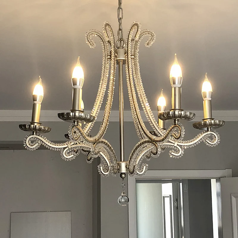 6-lichts kristallen kralen gecoate kroonluchter platteland zilveren kaarsstijl woonkamer hangende plafondlamp Clearhalo