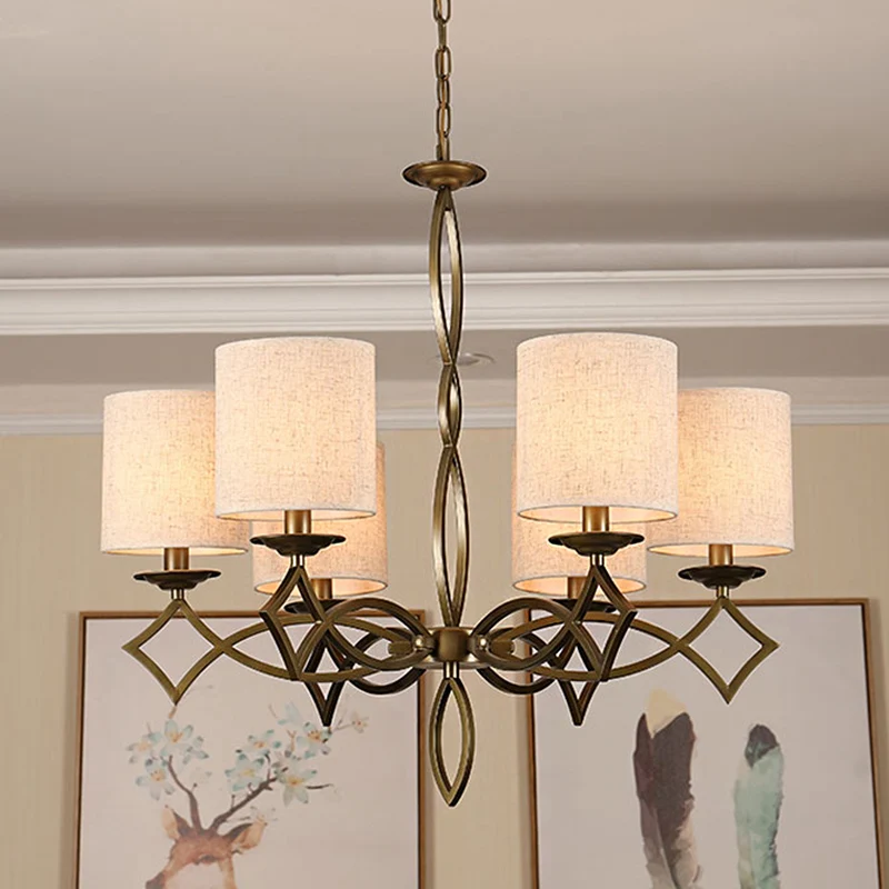 6-lichts kroonluchterlamp landelijke stijl trommelkap stoffen hanglamp wit/beige/groen met gedraaide metalen arm Clearhalo