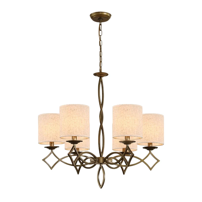 6-lichts kroonluchterlamp landelijke stijl trommelkap stoffen hanglamp wit/beige/groen met gedraaide metalen arm Clearhalo