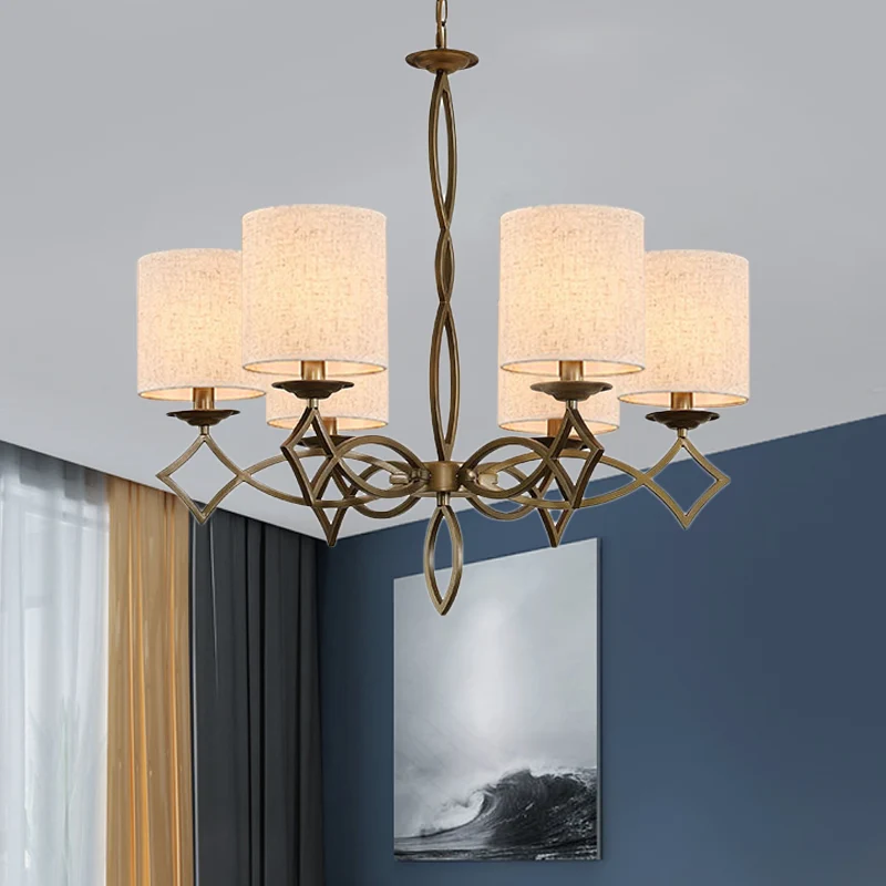 6-lichts kroonluchterlamp landelijke stijl trommelkap stoffen hanglamp wit/beige/groen met gedraaide metalen arm Clearhalo