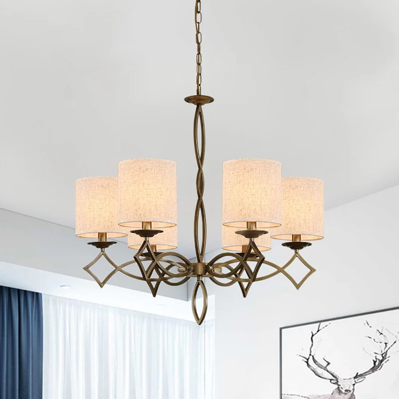 6-lichts kroonluchterlamp landelijke stijl trommelkap stoffen hanglamp wit/beige/groen met gedraaide metalen arm Clearhalo