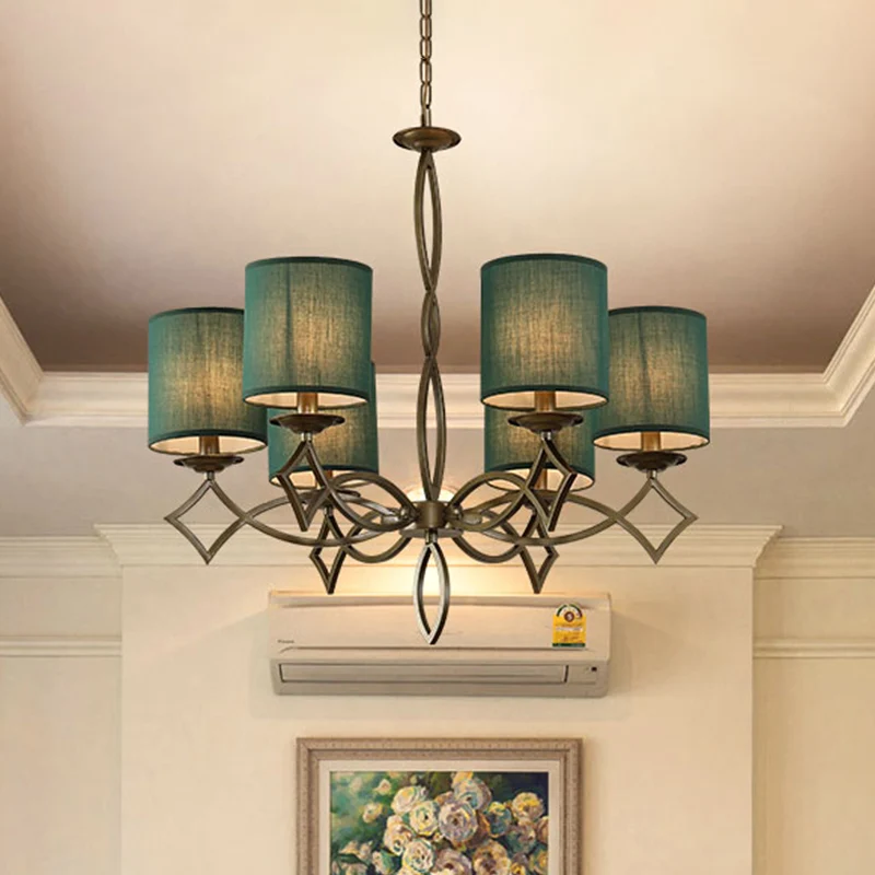6-lichts kroonluchterlamp landelijke stijl trommelkap stoffen hanglamp wit/beige/groen met gedraaide metalen arm Clearhalo