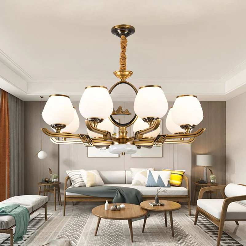 6-lichts kroonluchterlamp Traditionele eetkamer hanglamp met Bud witte glazen kap messing Clearhalo
