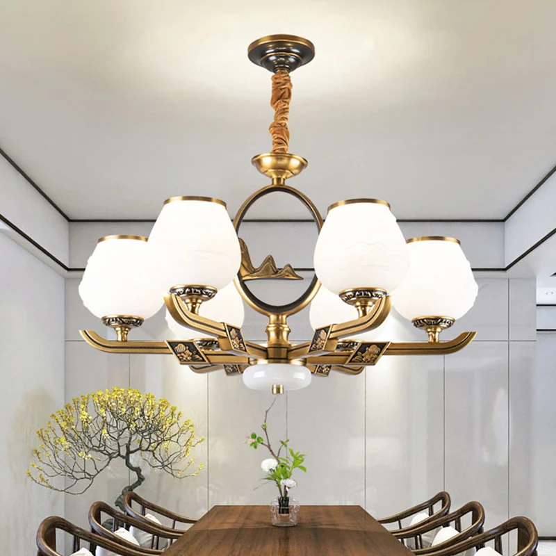 6-lichts kroonluchterlamp Traditionele eetkamer hanglamp met Bud witte glazen kap messing Clearhalo