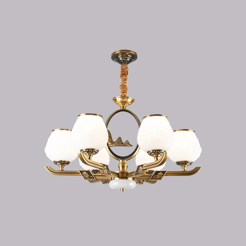 6-lichts kroonluchterlamp Traditionele eetkamer hanglamp met Bud witte glazen kap messing Clearhalo