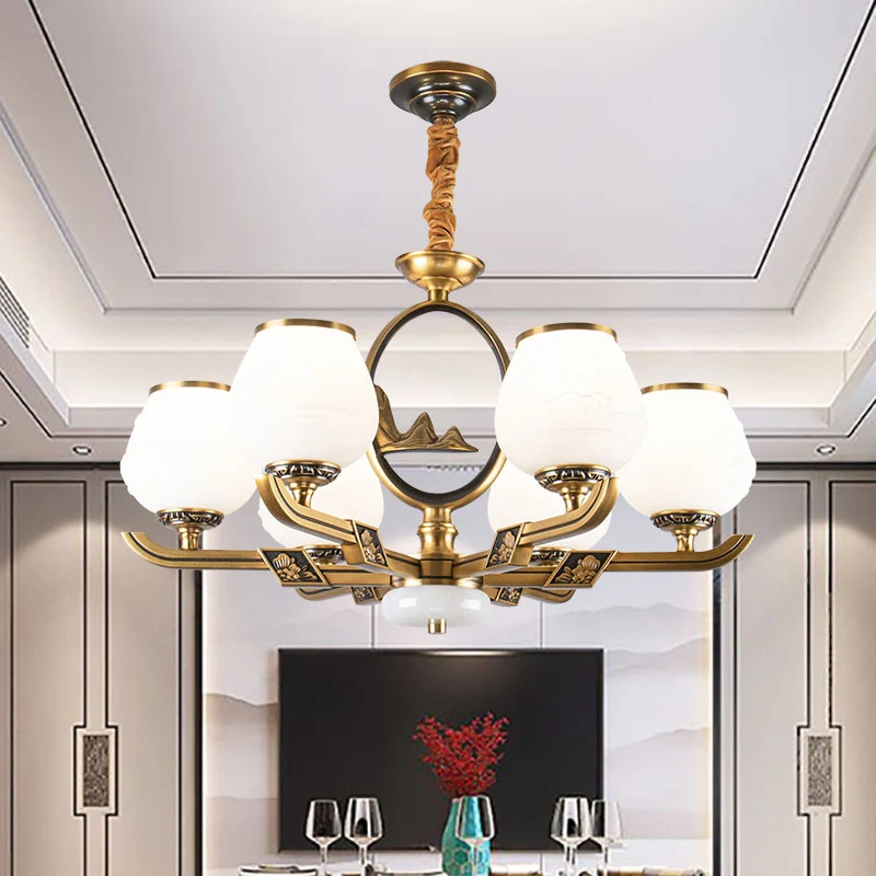 6-lichts kroonluchterlamp Traditionele eetkamer hanglamp met Bud witte glazen kap messing Clearhalo