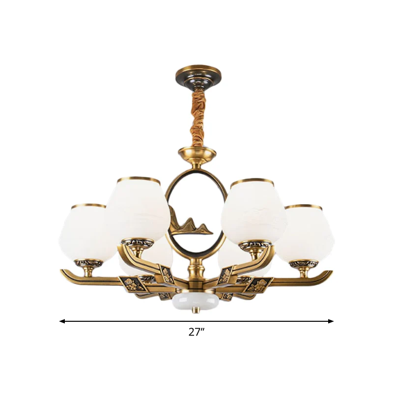 6-lichts kroonluchterlamp Traditionele eetkamer hanglamp met Bud witte glazen kap messing Clearhalo