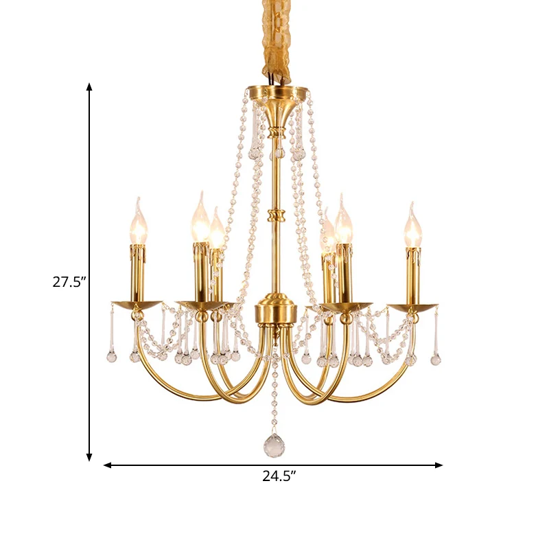 6-lichts kroonluchterverlichting Traditionele ronde arm-kristallen plafondhanglamp goud Clearhalo