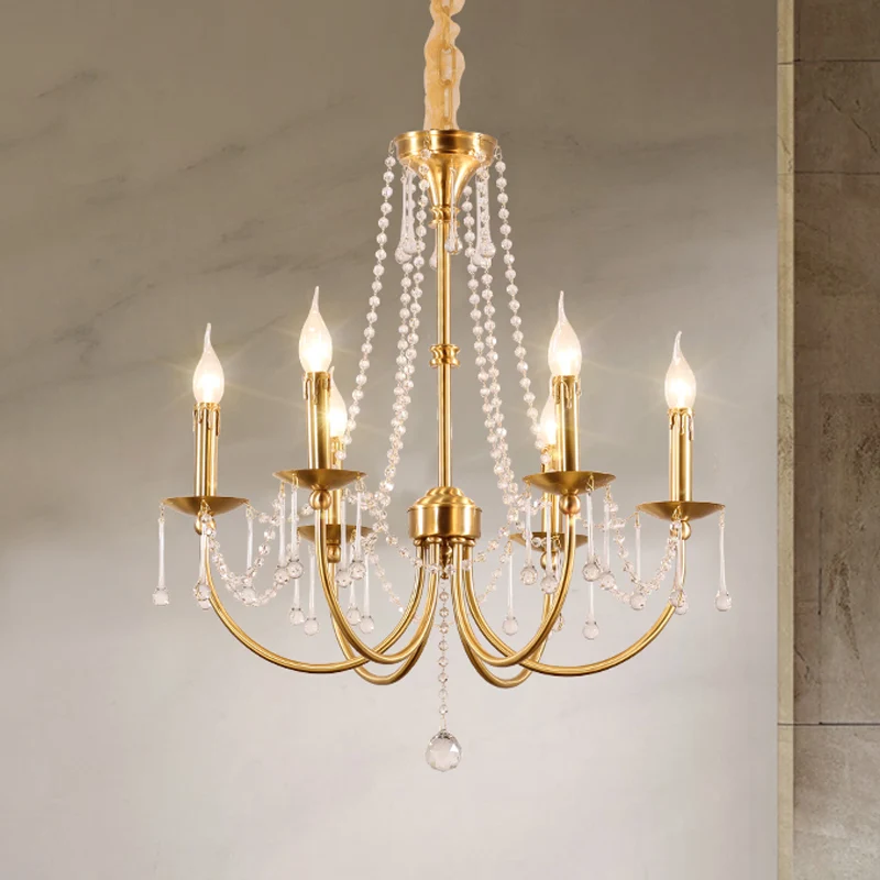 6-lichts kroonluchterverlichting Traditionele ronde arm-kristallen plafondhanglamp goud Clearhalo