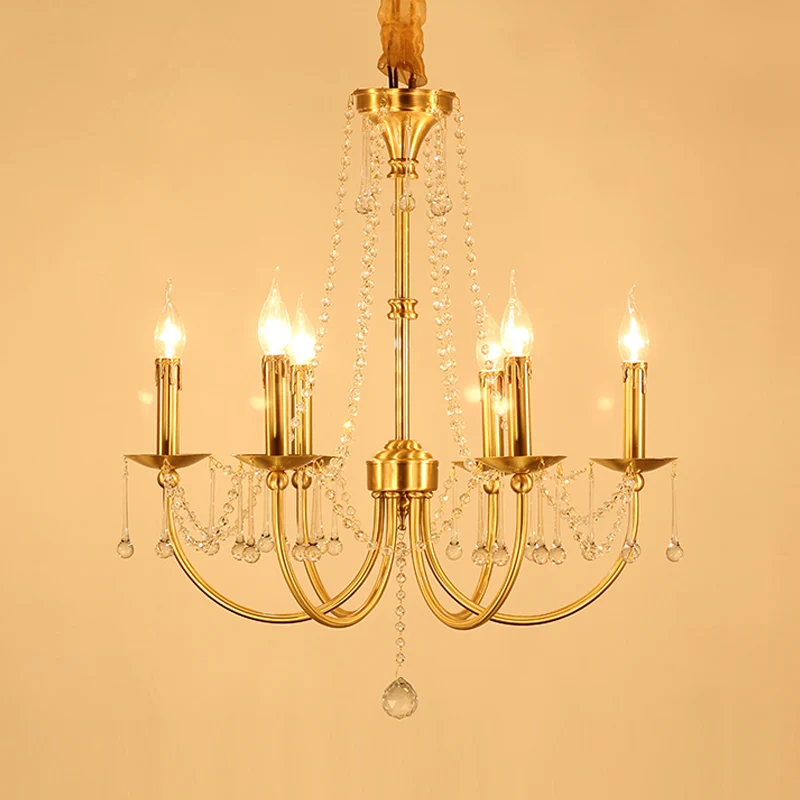 6-lichts kroonluchterverlichting Traditionele ronde arm-kristallen plafondhanglamp goud Clearhalo